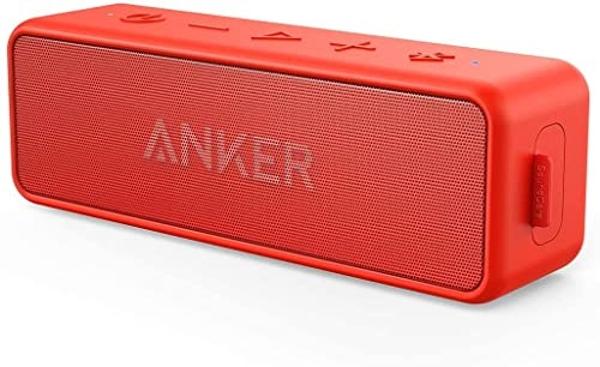 Anker SoundCore 2 Portable Bluetooth Speaker with Better Bass, 24-Hour Playtime, 66ft Bluetooth Range, IPX5 Water Resistance & Built-in Mic, Dual-Driver Wireless Speaker (Red) (Ren