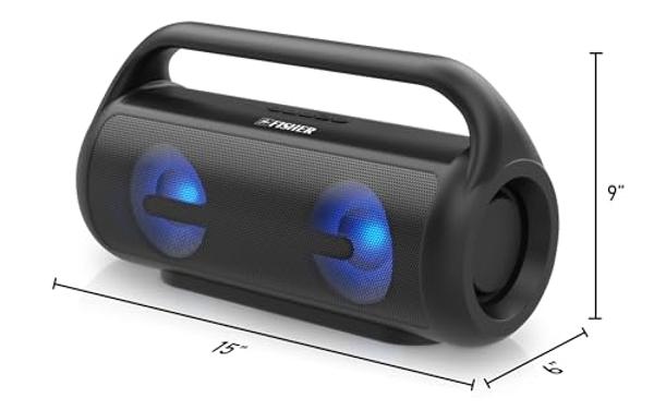 Fisher Bluetooth Speakers, Portable Wireless Speaker 40W Peak Power Boombox w HD Sound & Lights, Water Resistant, 4H Playtime, TWS, BT 5.3, Outdoor for Home/Party/Beach/Travel/Camp