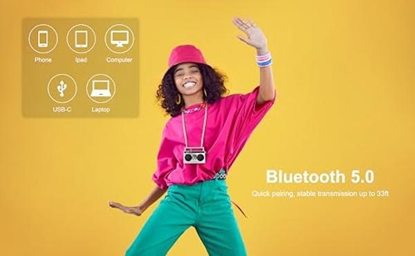 50th Anniversary of Hip Hop Portable Mini Bluetooth Wireless Speaker Retro Wearable Boombox, 27 Inch Necklace, FM Radio, On Board Buttons, Dual 6W Peek Power Micro Speakers, Long L
