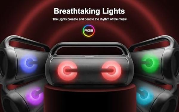 Fisher Bluetooth Speakers, Portable Wireless Speaker 40W Peak Power Boombox w HD Sound & Lights, Water Resistant, 4H Playtime, TWS, BT 5.3, Outdoor for Home/Party/Beach/Travel/Camp