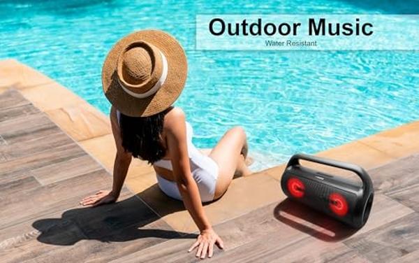 Fisher Bluetooth Speakers, Portable Wireless Speaker 40W Peak Power Boombox w HD Sound & Lights, Water Resistant, 4H Playtime, TWS, BT 5.3, Outdoor for Home/Party/Beach/Travel/Camp