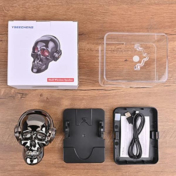 YSEECHENS Skull Bluetooth Speaker Novelty Skeleton Unique Wireless Portable Speakers with Eyes Lights (Gray)