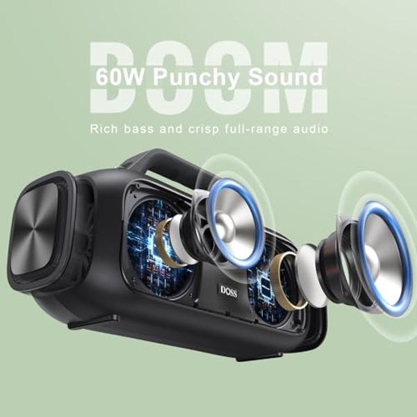 DOSS Extreme Boom Outdoor Bluetooth Speaker with 60W Mighty Sound, Deep Bass, 30H Playtime,10400mAh Power Bank, BT 5.3, IPX6 Waterproof, Portable Strap for Camping, Pool, Beach, Ga