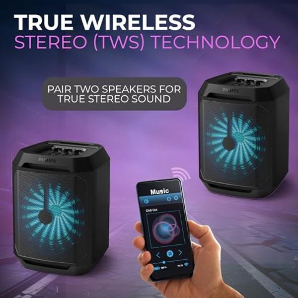 Philips Bluetooth Party Speaker, Dynamic Bass Boost, Bluetooth and Aux-in, Microphone Input, Wireless Pairing for Stereo Sound, Up to 7 Hours Battery, Built-in Carry Handle, USB-C 