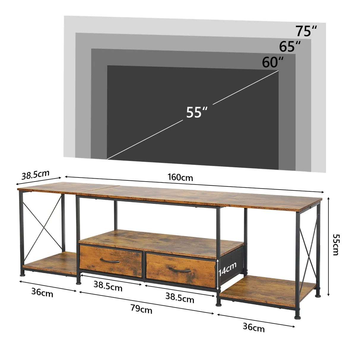 160cm Mueble Television 75 Pulgadas Modernos Con 2 Cajónes