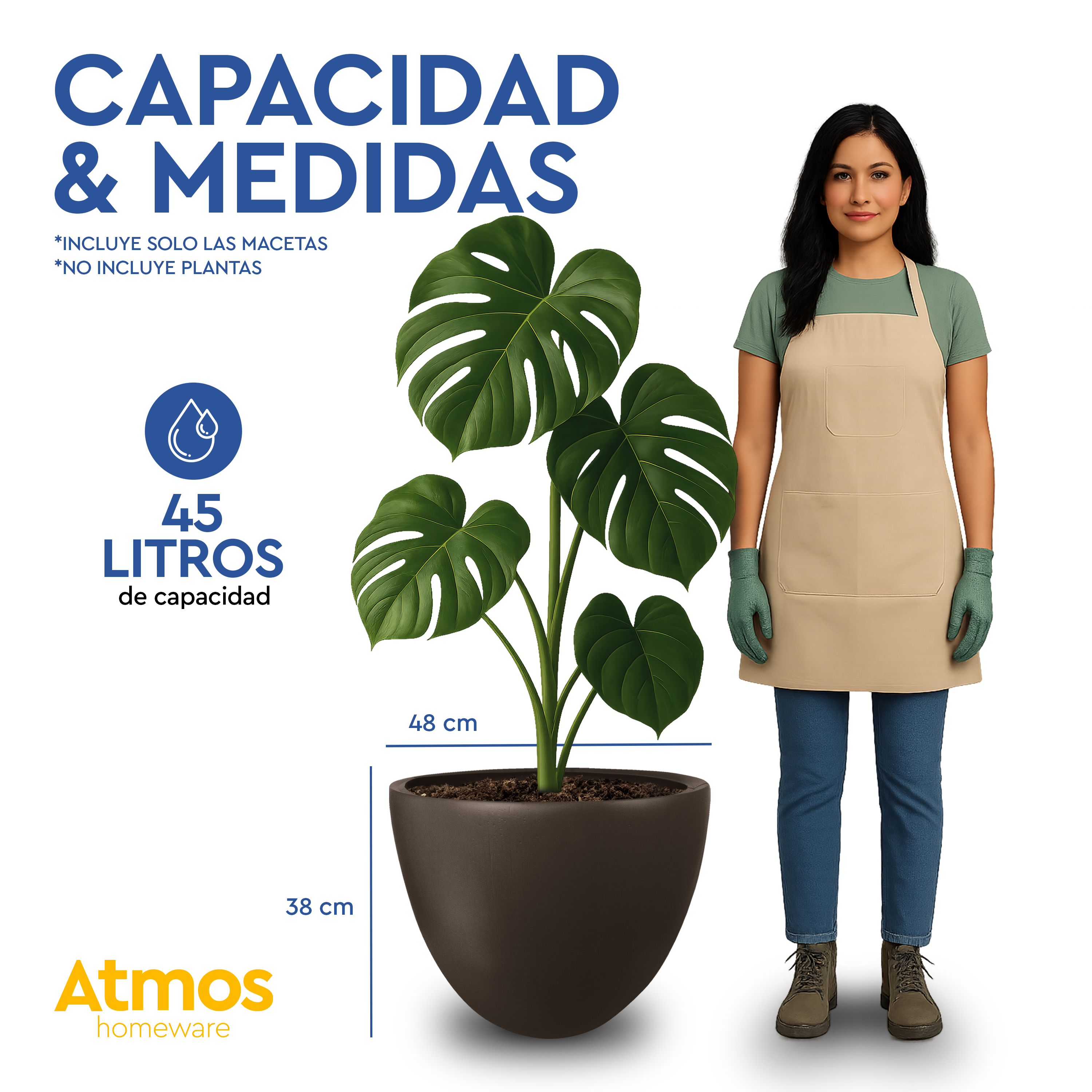 Atmos Homeware Macetas Decorativas para Interior y Exterior |  1 Maceta Grande de Plástico con Capacidad para 45 Litros | Modelo Bis color Plata 1 Pieza.