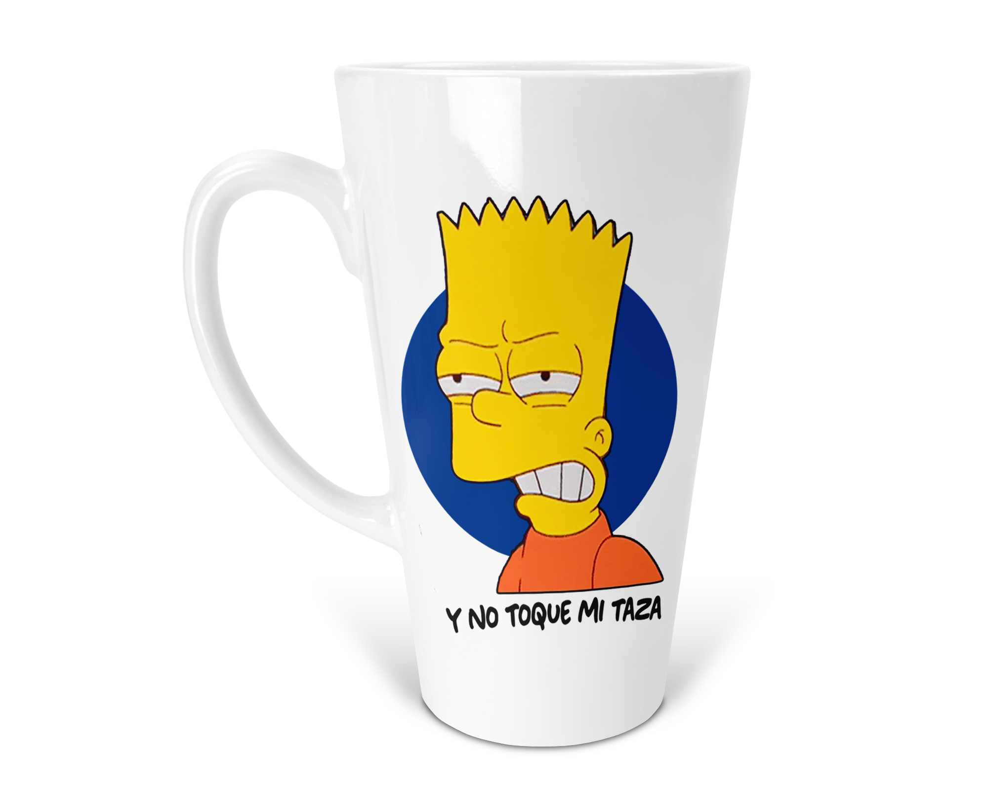 Taza Cónica blanca Bart No Toques mi Taza | Los Simpso | frase divertida | Capacidad 500 Ml | Frase Meme divertida