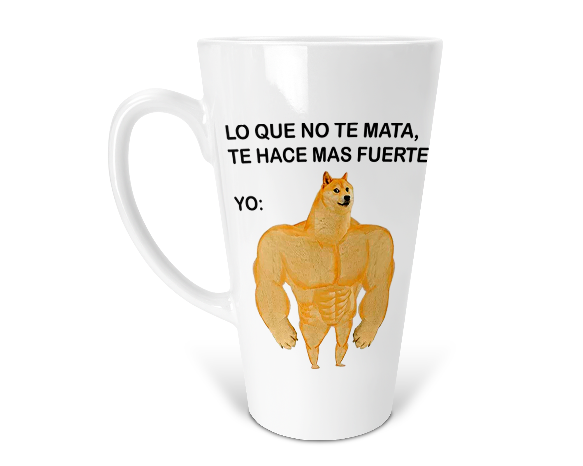Taza Cónica blanca Perrito Cheems Lo que no te mata, Te hace más fuerte | perro | frase divertida | Capacidad 500 Ml | Frase Meme divertida