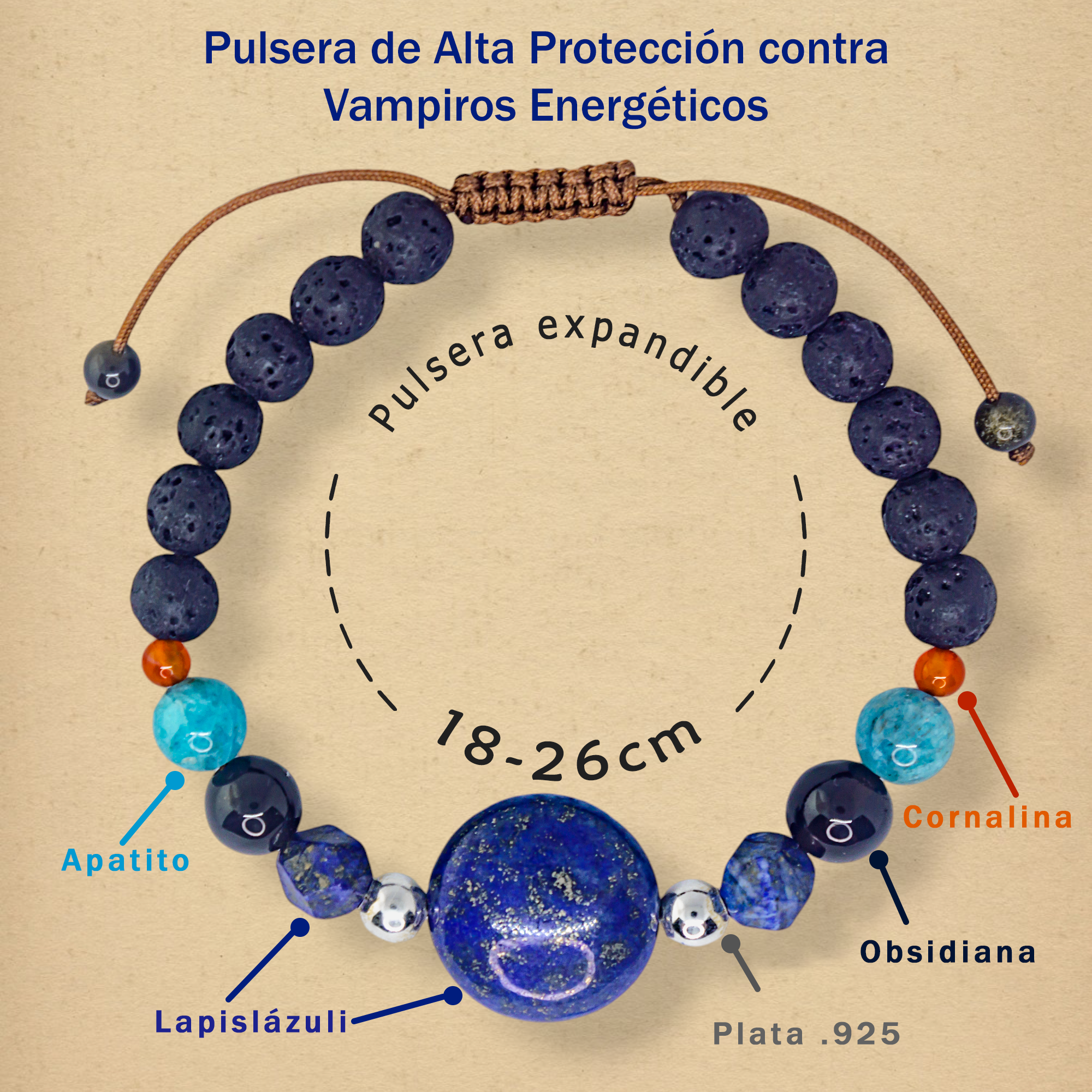 Pulsera Alta Protección contra Vampiros Energéticos Lapislázuli y Cornalina