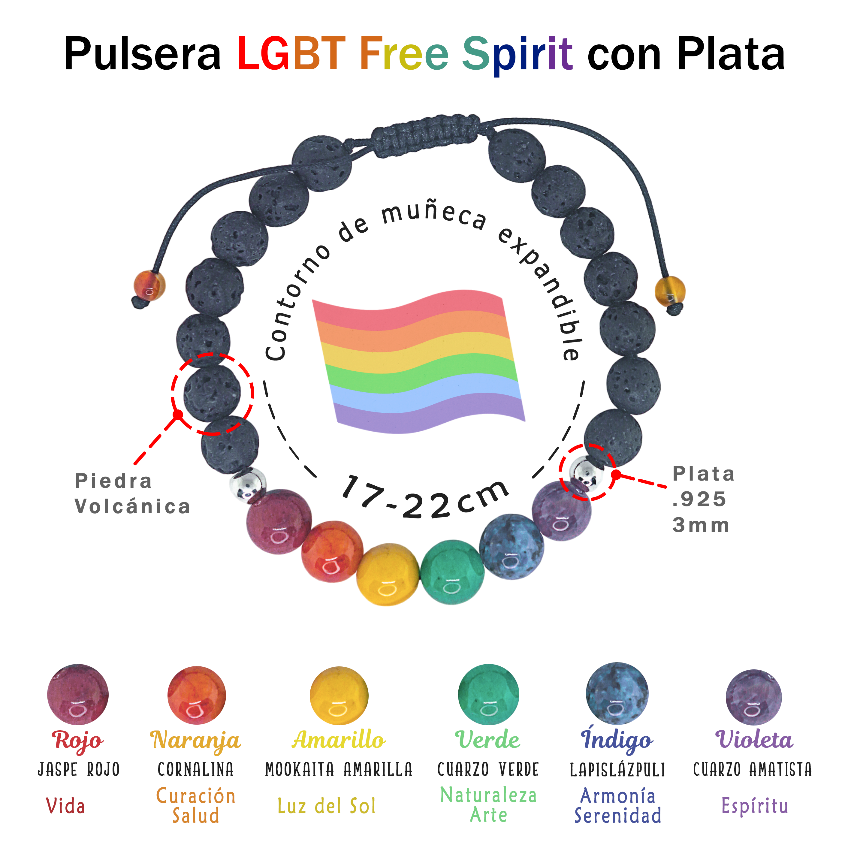 Pulsera Pride LGBT Cuarzos Naturales y Plata genuina.
