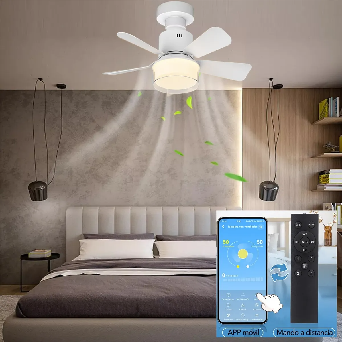 Ventilador Lámpara De Techo 5 Aspas Control Remoto Y App