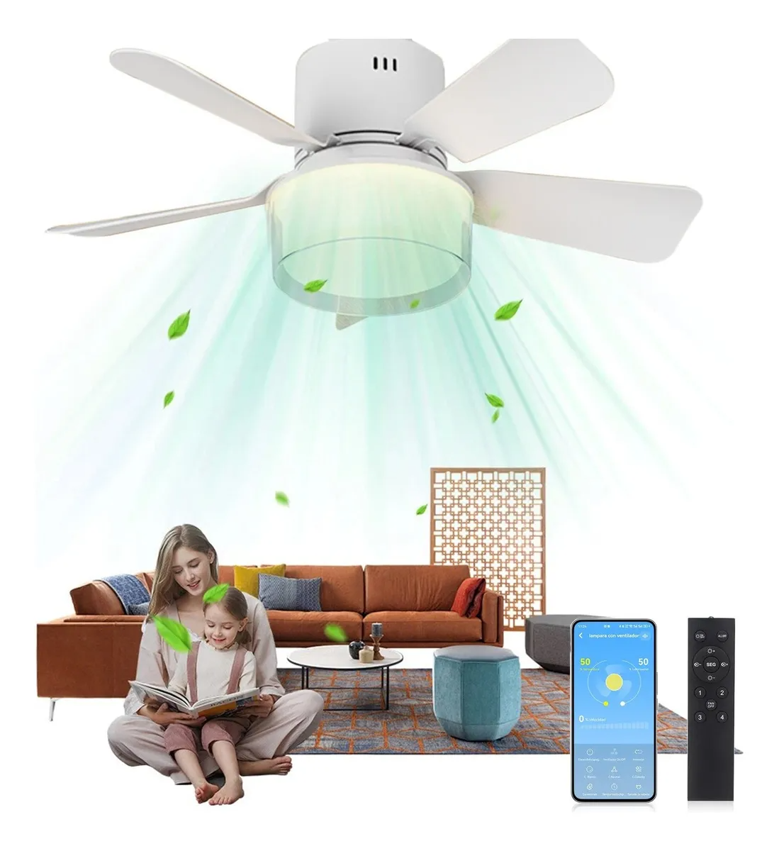 Ventilador Lámpara De Techo 5 Aspas Control Remoto Y App