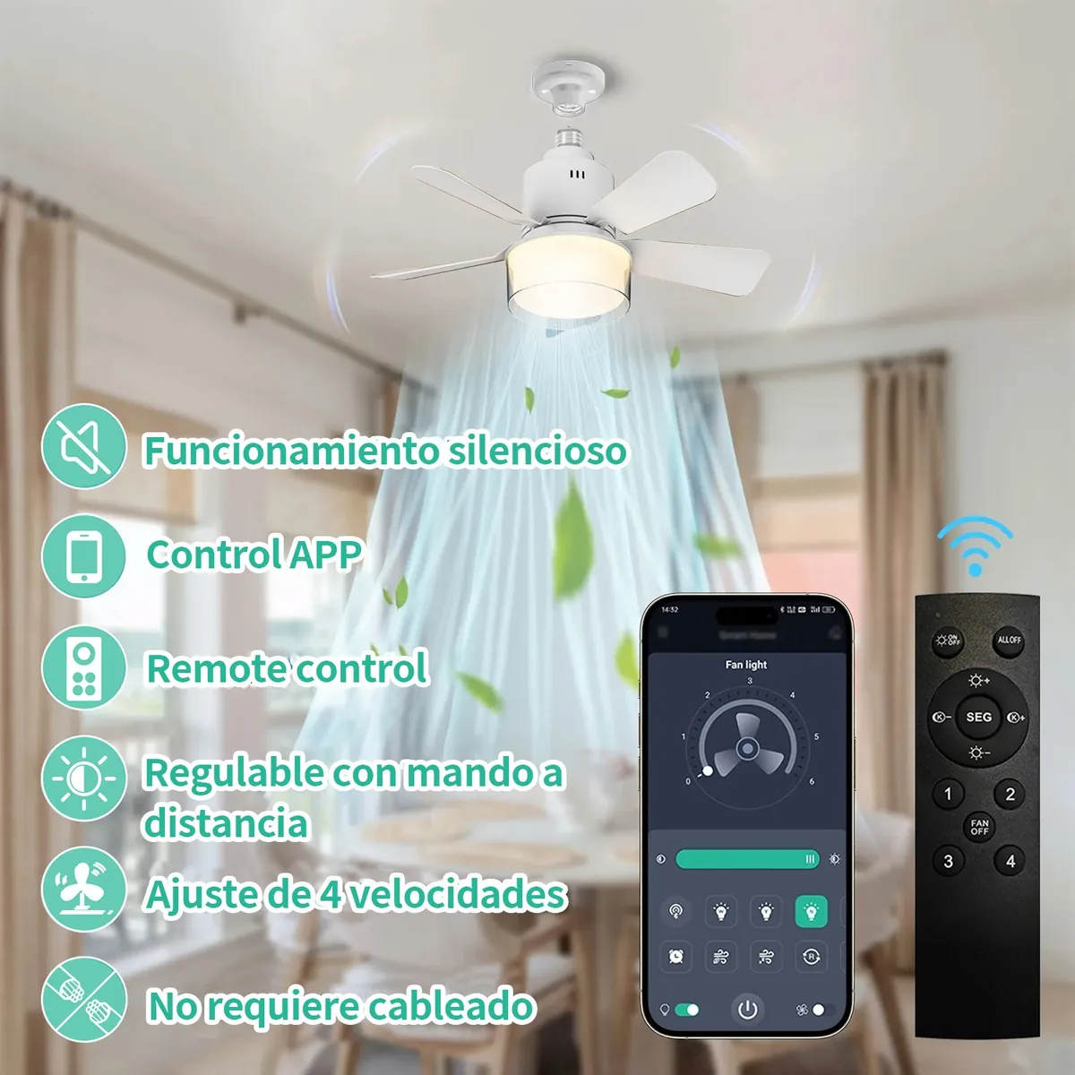 Ventilador Lámpara De Techo 5 Aspas Control Remoto Y App