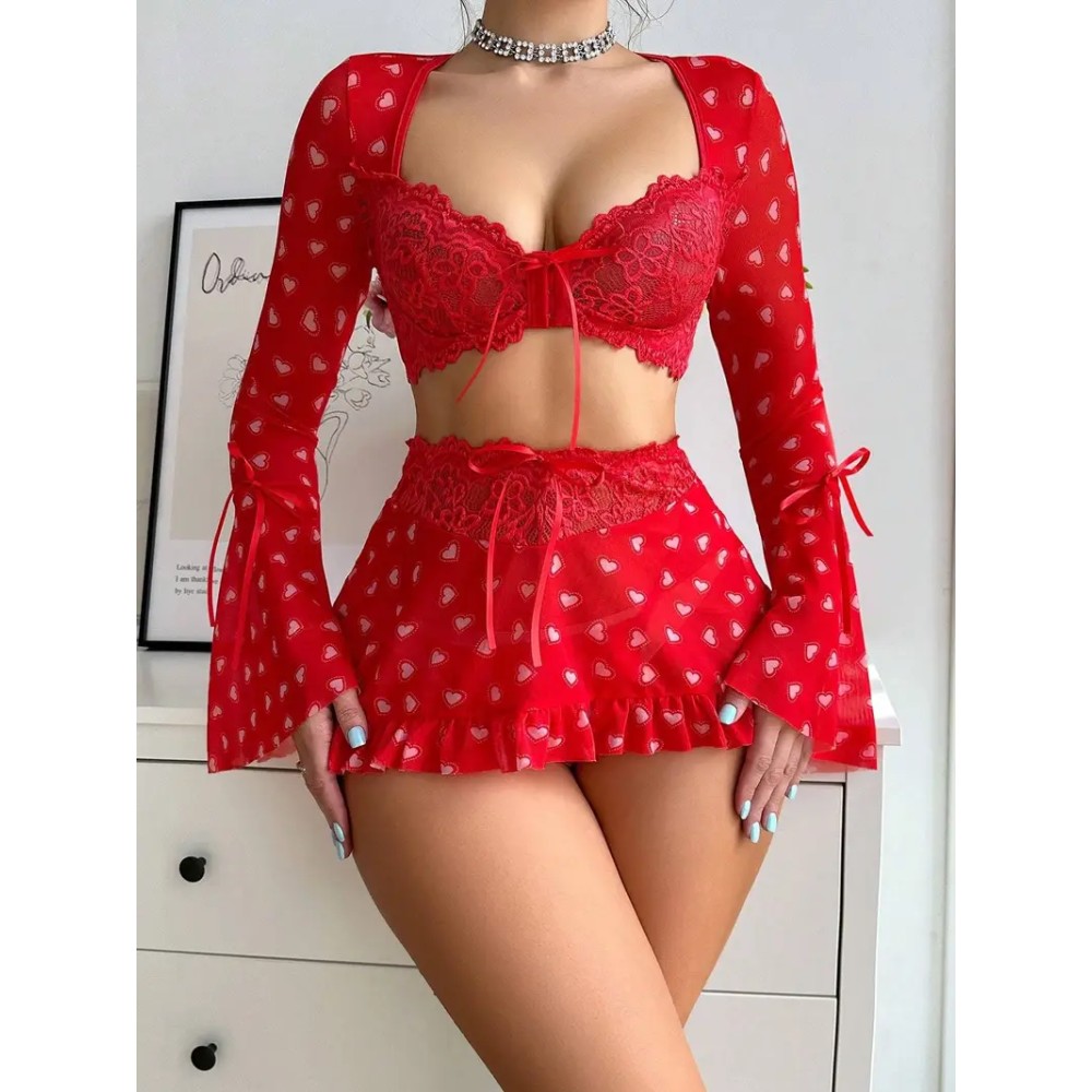 Conjunto Lencería Sexy 3 Piezas Mujer Rojo con Encaje Transparente y Tanga, Babydoll