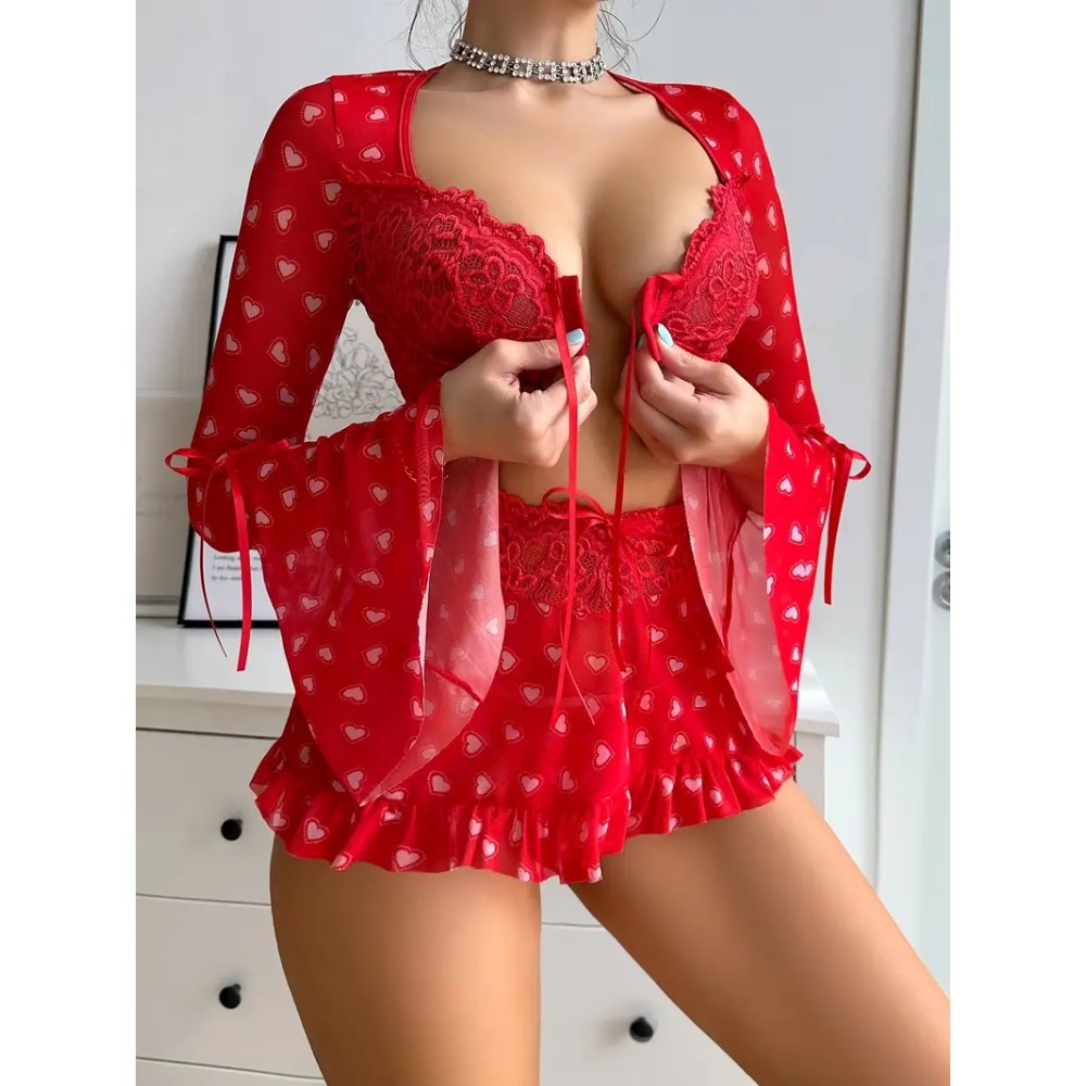 Conjunto Lencería Sexy 3 Piezas Mujer Rojo con Encaje Transparente y Tanga, Babydoll