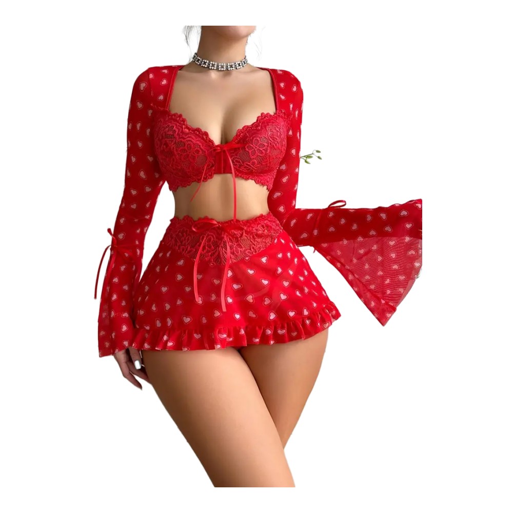 Conjunto Lencería Sexy 3 Piezas Mujer Rojo con Encaje Transparente y Tanga, Babydoll