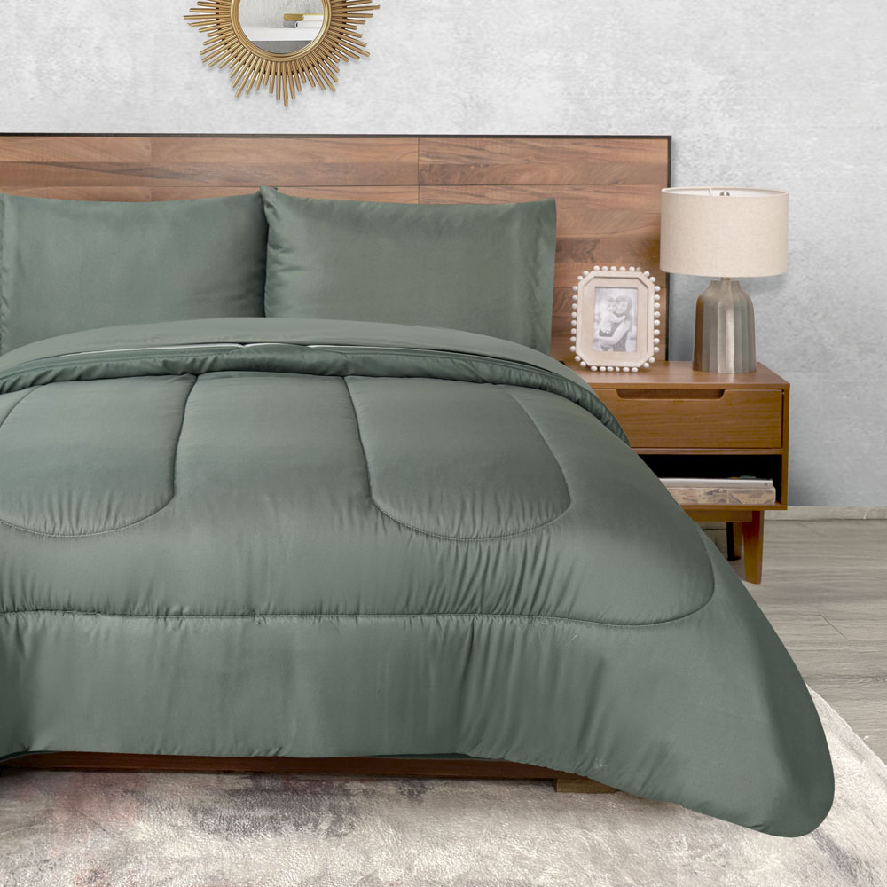 Edredón con Sábanas King Size Microfibra Extra Suave Verde Titanio Dos Vistas