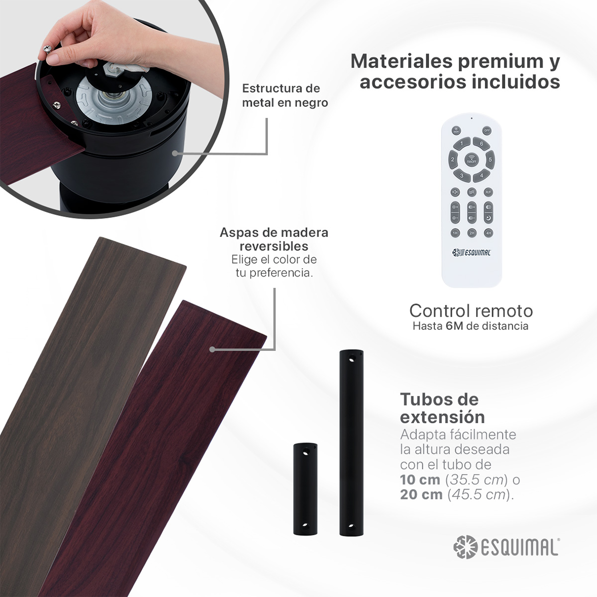 Ventilador de Techo con Lámpara Led, 121.9 cm Función Reversible, Abanico para techo con Aspas de Madera Doble Vista y Luz,  6 Velocidades, Temporizador 4 hrs Negro ESQUIMAL 