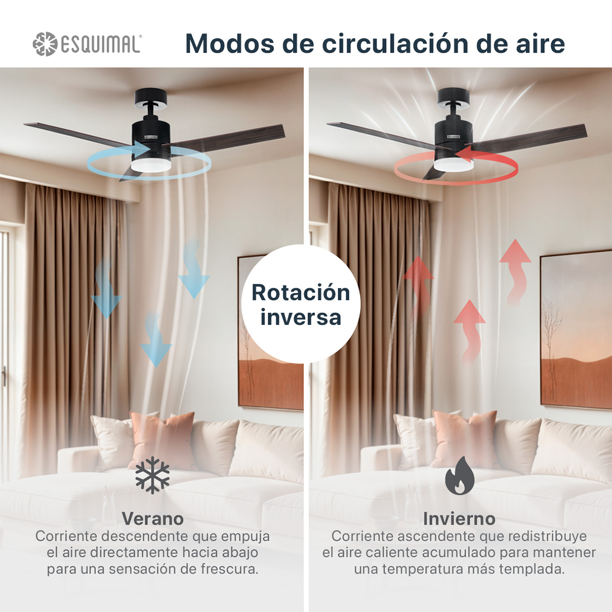 Ventilador de Techo con Lámpara Led, 121.9 cm Función Reversible, Abanico para techo con Aspas de Madera Doble Vista y Luz,  6 Velocidades, Temporizador 4 hrs Negro ESQUIMAL 