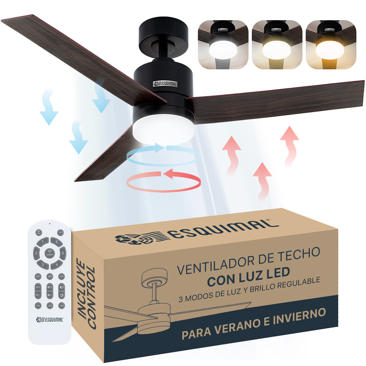 Ventilador de Techo con Lámpara Led, 121.9 cm Función Reversible, Abanico para techo con Aspas de Madera Doble Vista y Luz,  6 Velocidades, Temporizador 4 hrs Negro ESQUIMAL 