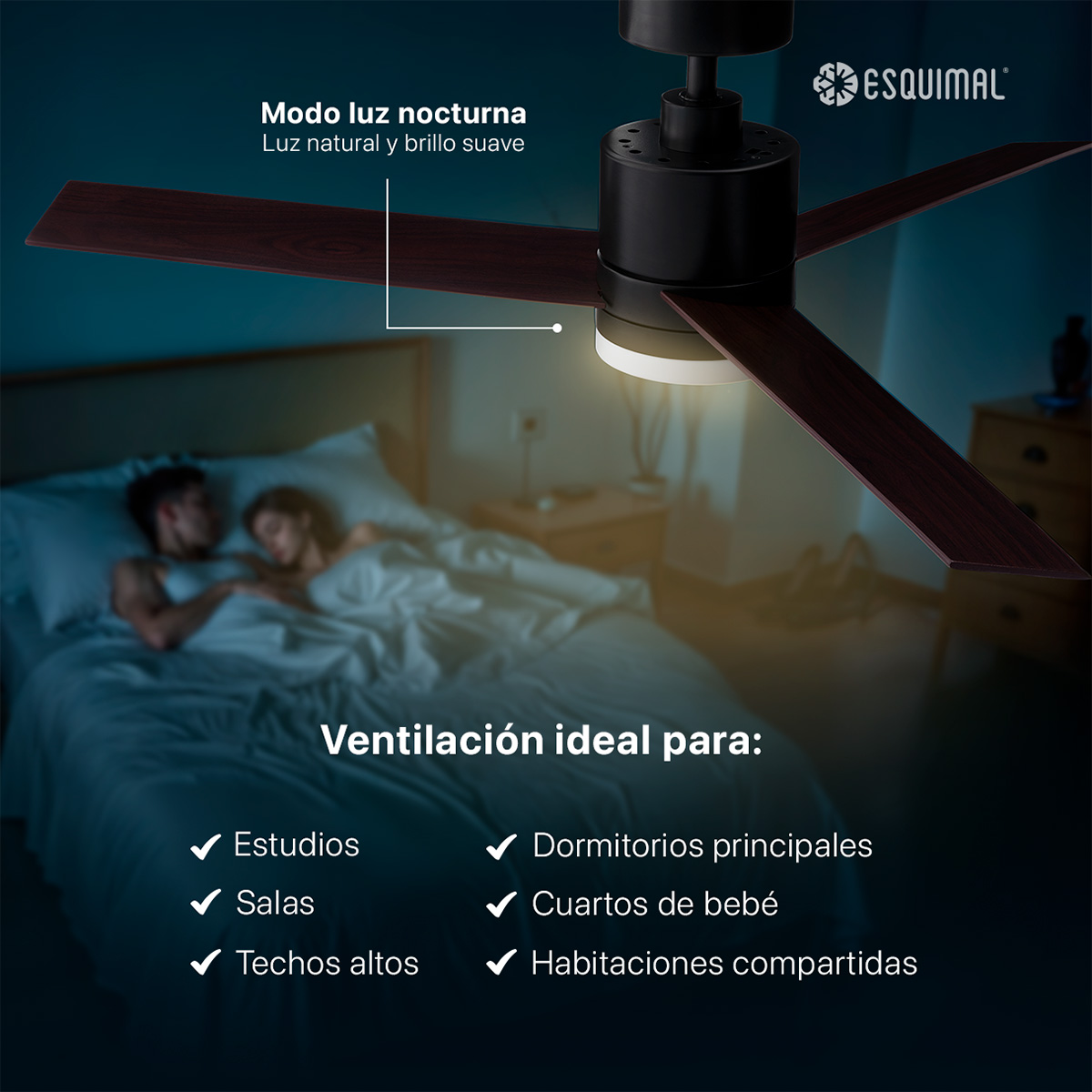 Ventilador de Techo con Lámpara Led, 121.9 cm Función Reversible, Abanico para techo con Aspas de Madera Doble Vista y Luz,  6 Velocidades, Temporizador 4 hrs Negro ESQUIMAL 