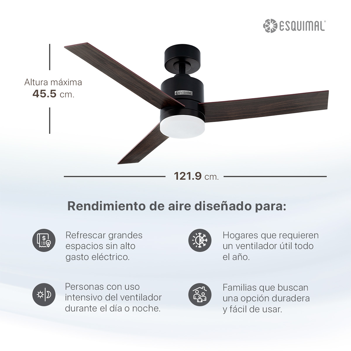 Ventilador de Techo con Lámpara Led, 121.9 cm Función Reversible, Abanico para techo con Aspas de Madera Doble Vista y Luz,  6 Velocidades, Temporizador 4 hrs Negro ESQUIMAL 