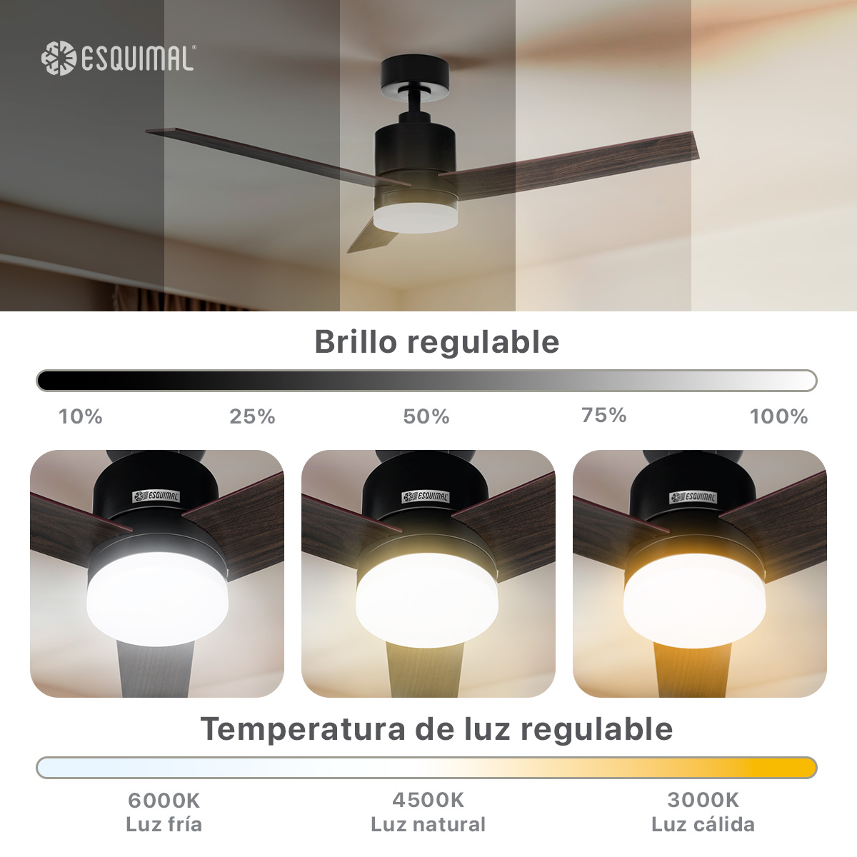 Ventilador de Techo con Lámpara Led, 121.9 cm Función Reversible, Abanico para techo con Aspas de Madera Doble Vista y Luz,  6 Velocidades, Temporizador 4 hrs Negro ESQUIMAL 