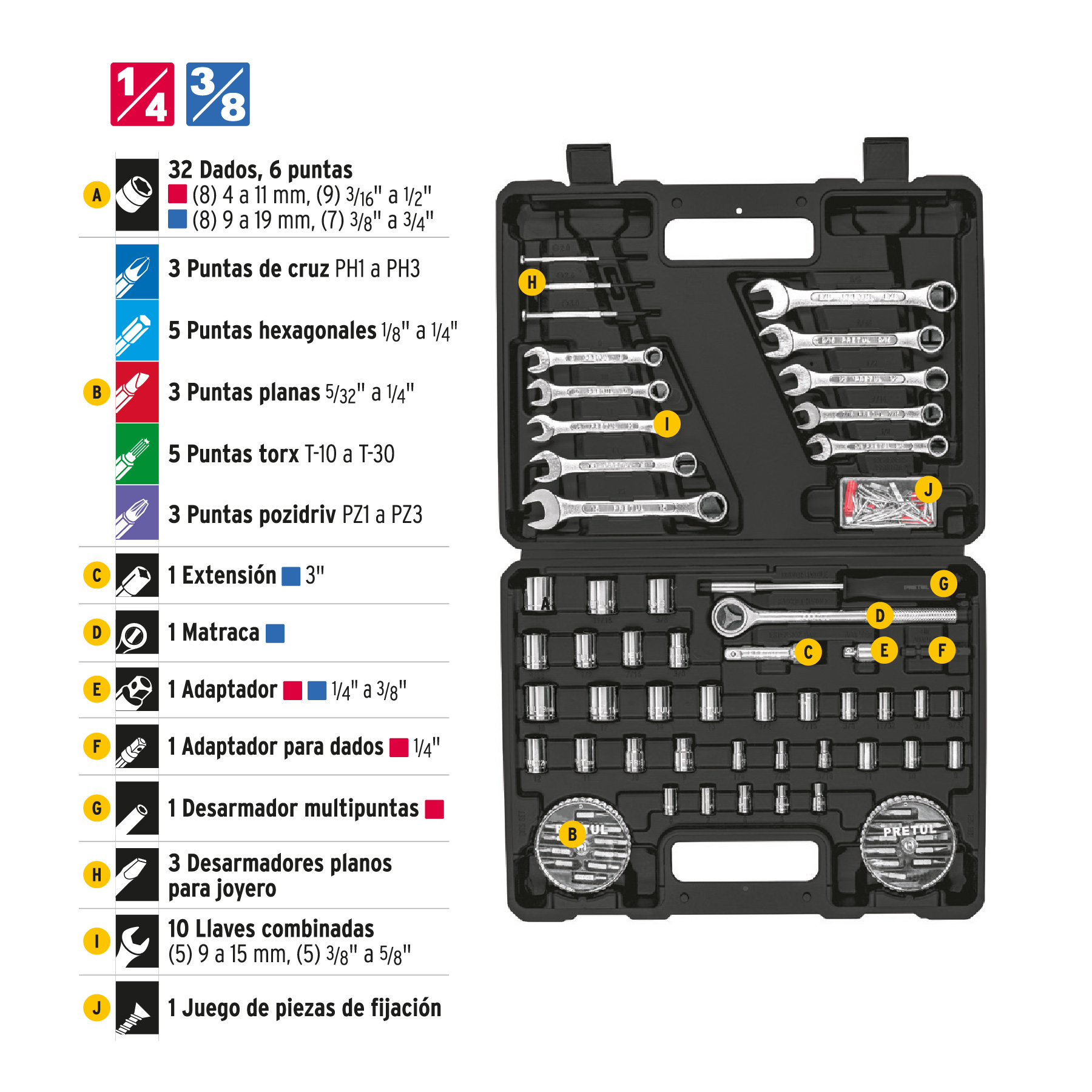 Juego de Herramientas de 71 Pzas Pretul Autocle Mecanico Mecanica Hogar Set de Dados Puntas Llaves Combinadas Matraca