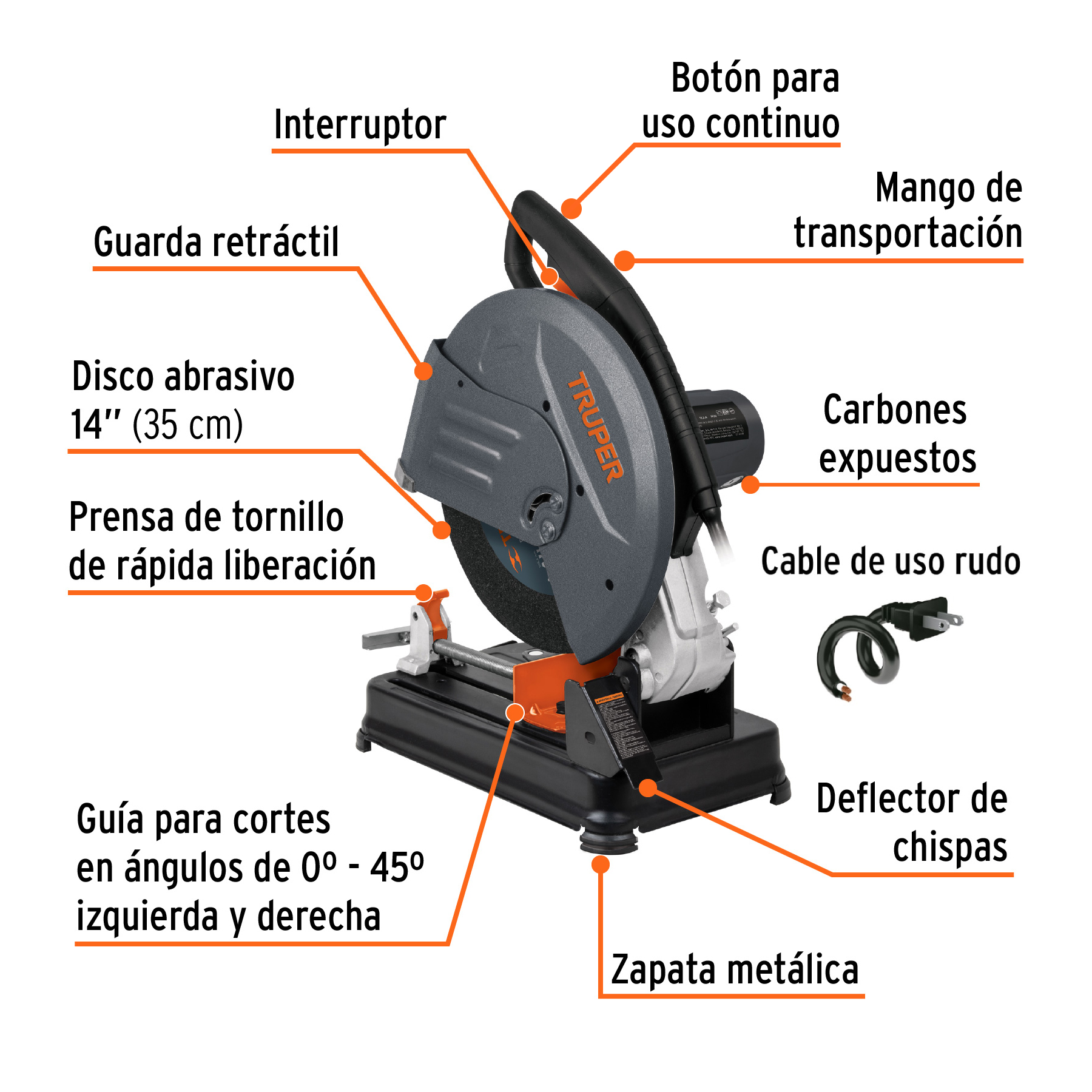 Tronzadora Cortadora de Metales Sierra Para Cortar Metal de 14" Truper CM-14N2 de 3HP/2200W Mango Recto Calidad Premium Industrial