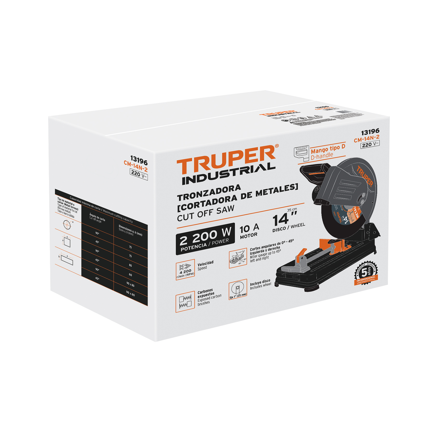 Tronzadora Cortadora de Metales Sierra Para Cortar Metal de 14" Truper CM-14N2 de 3HP/2200W Mango Recto Calidad Premium Industrial