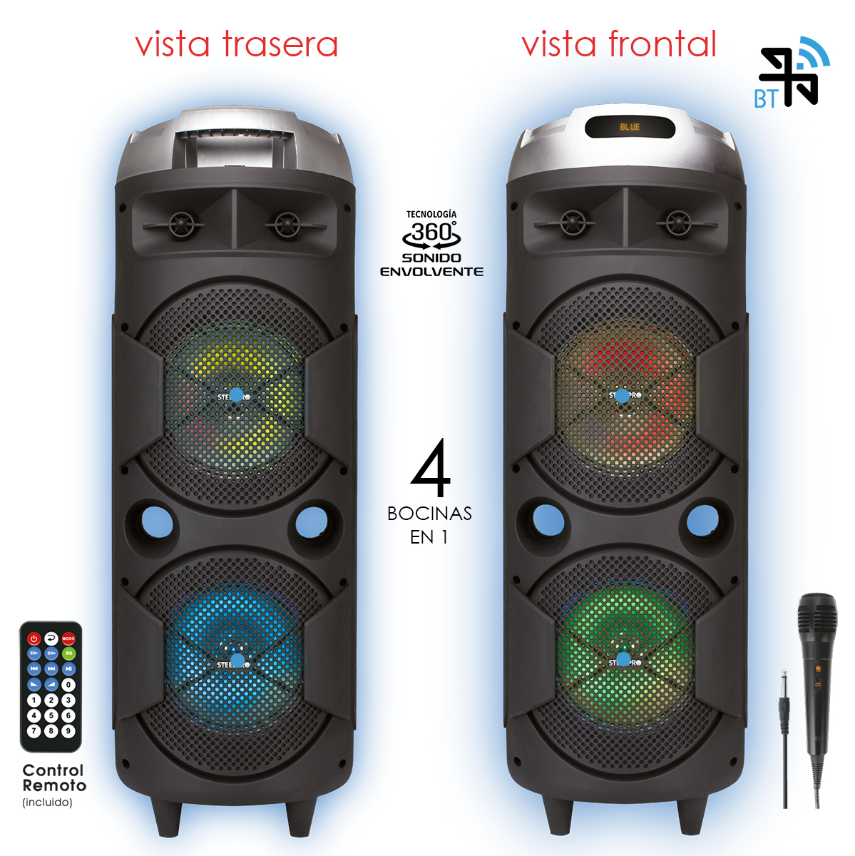 Bocina Portable Cuadrafonica Sonido 360 Grados Con 4 Woofers 8 , Microfono Incluido -Bazzoka - Steelpro