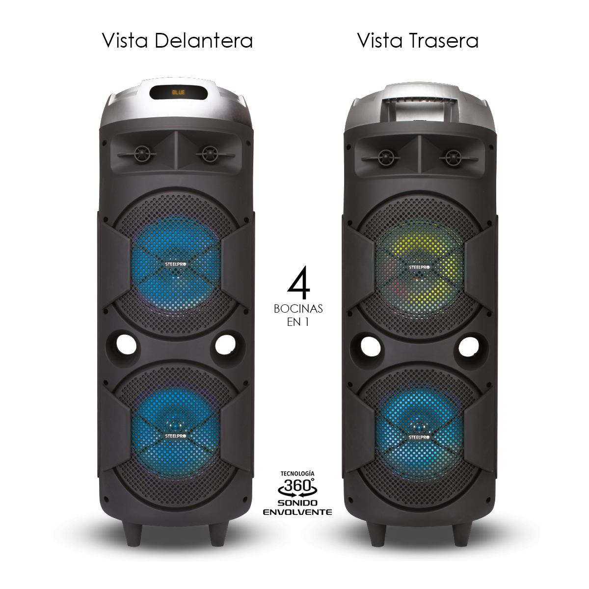 Bocina Portable Cuadrafonica Sonido 360 Grados Con 4 Woofers 8 , Microfono Incluido -Bazzoka - Steelpro