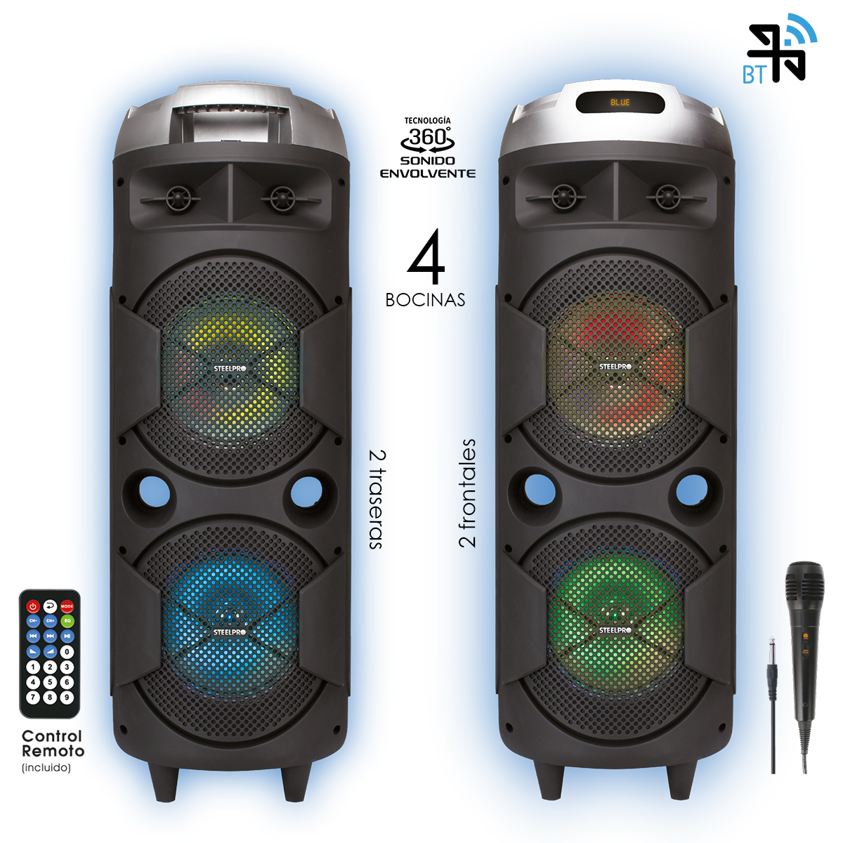 Bocina Portable Cuadrafonica Sonido 360 Grados Con 4 Woofers 8 , Microfono Incluido -Bazzoka - Steelpro