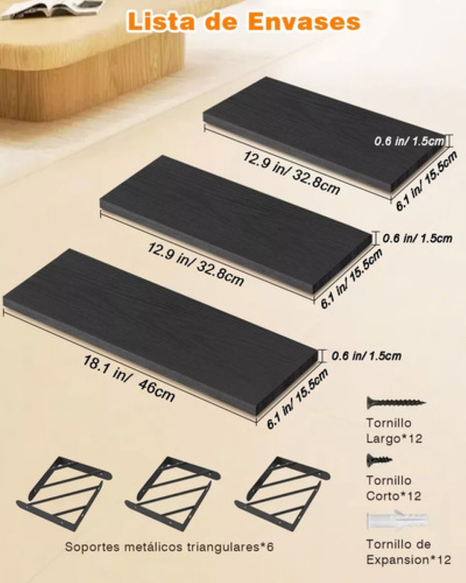 "3 Repisas Flotantes Madera Minimalista Muebles Hogar Decorar negro "