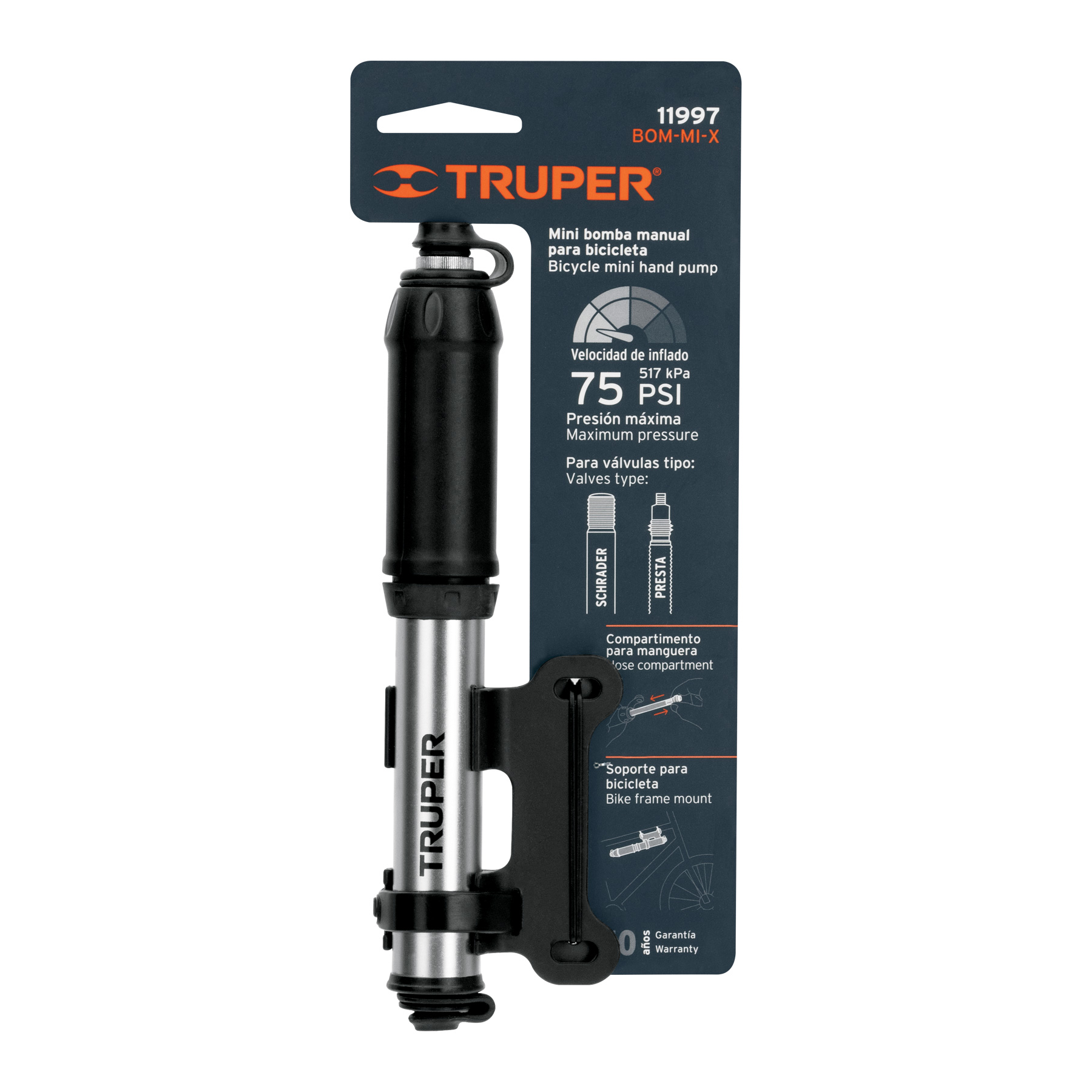 Mini bomba manual para bicicleta, abatible, 75 PSI, TRUPER