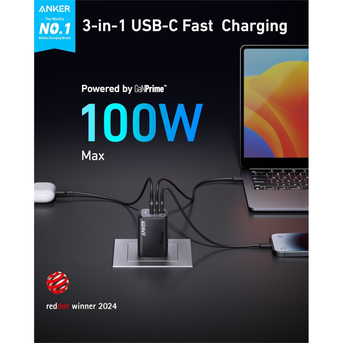 Cargador de Pared Anker Prime 100w 3 Puertos 1 USB-A 2 USB-C