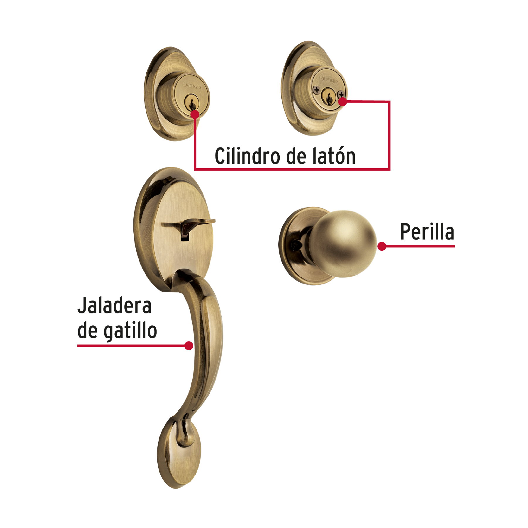 Cerradura de entrada principal Jaladera, perilla y cerrojo llave, latón antiguo, Hermex