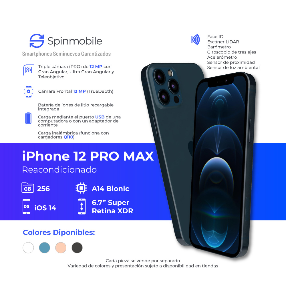 iPhone 12 Pro Max 128GB  Azul pacifico Reacondicionado Grado A. 1 año Garantía.