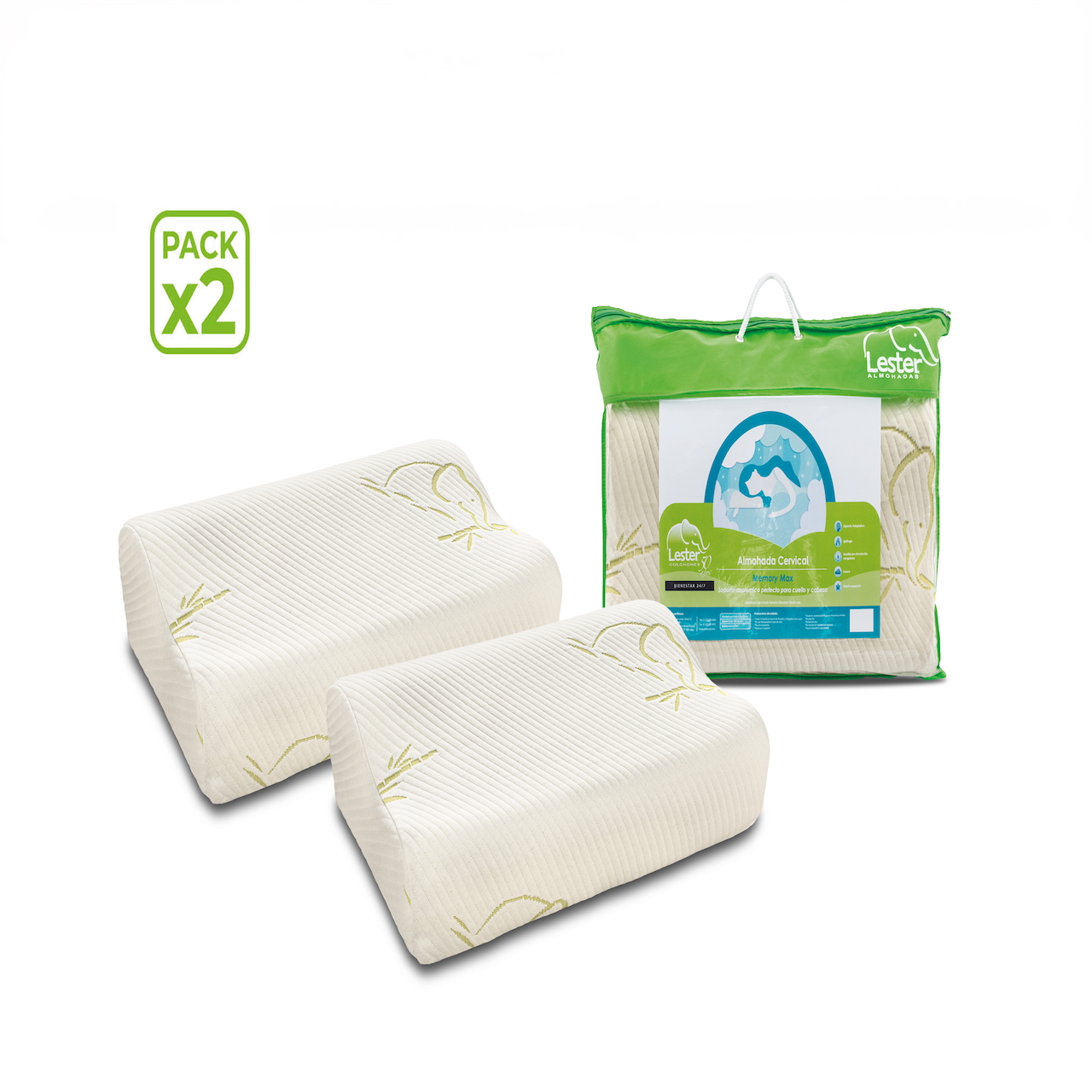 Lester Contour - Paquete de 2 Almohadas Ortopédicas Cervicales de Memory Foam, Tamaño estándar