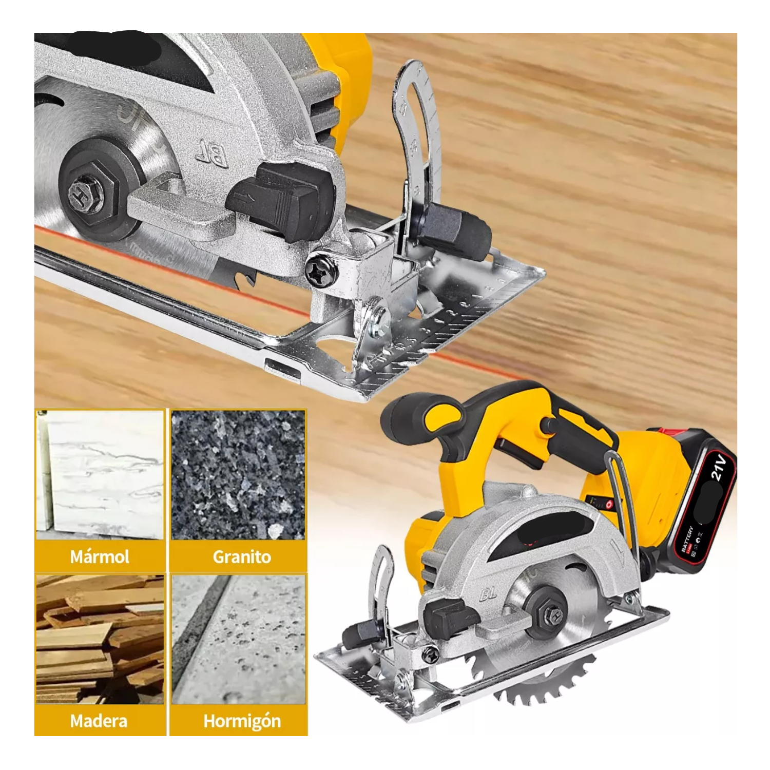 Sierra Circular Eléctrica Inalámbrica Para Madera Marmol Color Amarillo