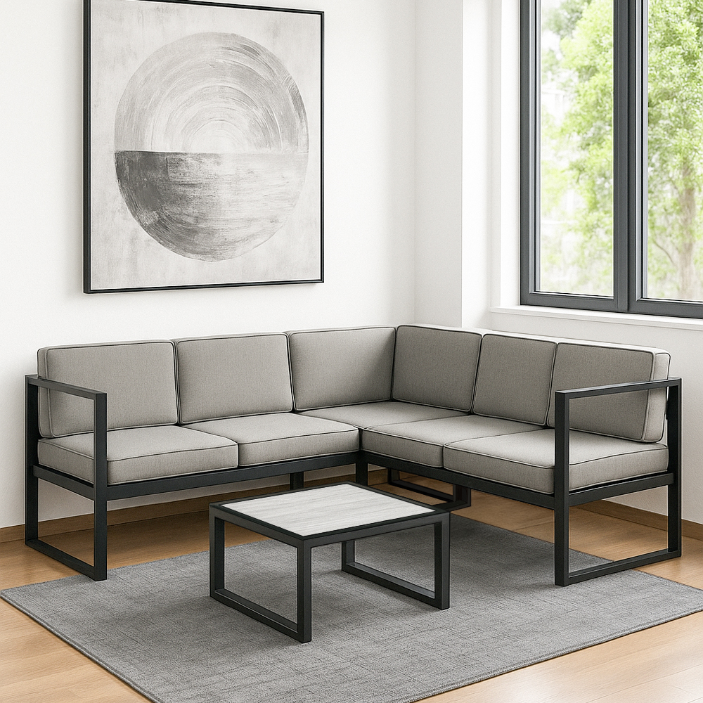 Ilios Innova | Sala Esquinera de Exterior con Mesa – Estructura de Acero y Cojines en Tela Impermeable | Diseño Moderno y Resistente