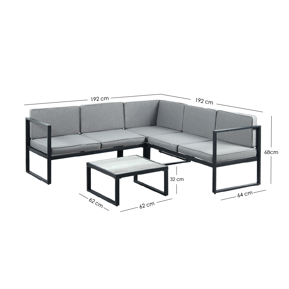 Ilios Innova | Sala Esquinera de Exterior con Mesa – Estructura de Acero y Cojines en Tela Impermeable | Diseño Moderno y Resistente