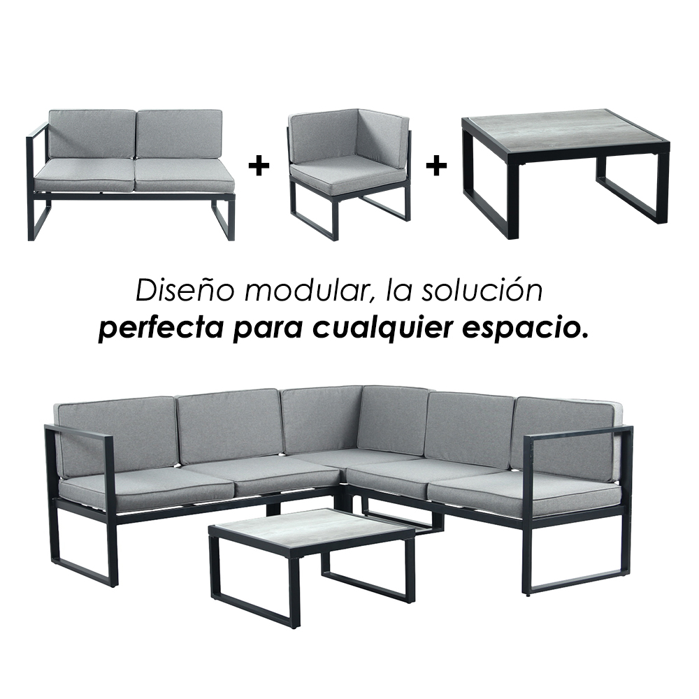 Ilios Innova | Sala Esquinera de Exterior con Mesa – Estructura de Acero y Cojines en Tela Impermeable | Diseño Moderno y Resistente