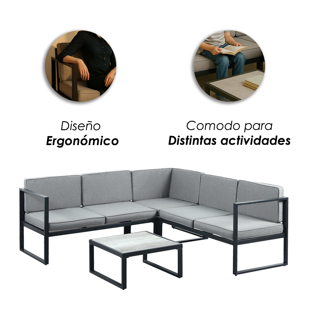 Ilios Innova | Sala Esquinera de Exterior con Mesa – Estructura de Acero y Cojines en Tela Impermeable | Diseño Moderno y Resistente