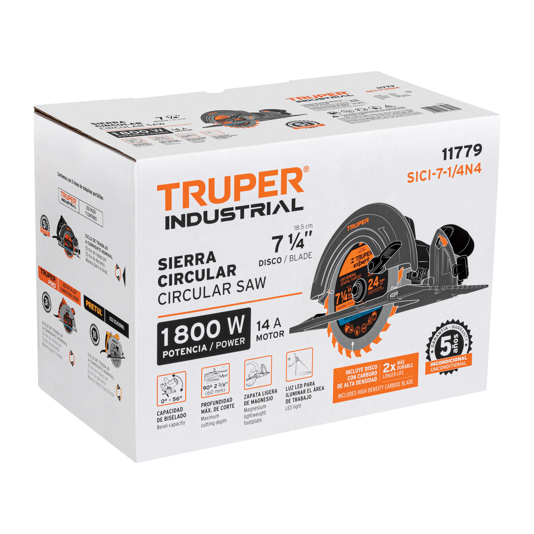Sierra Circular para Cortar Madera Truper Industrial de uso rudo y Continuo Calidad Premium de 7 1/4 de 1800W SICI-71/4N4