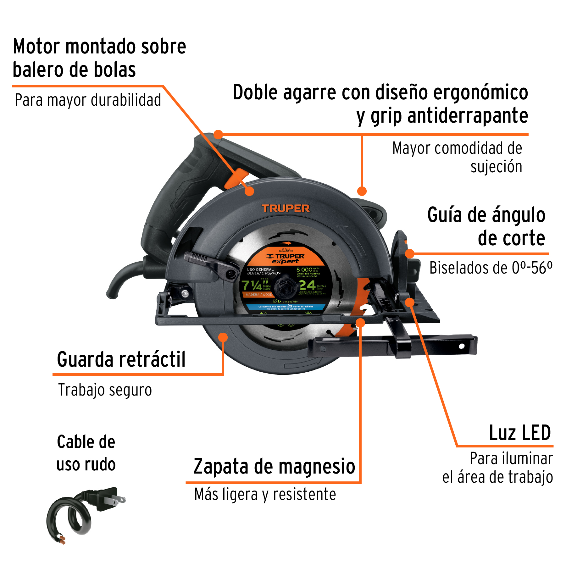 Sierra Circular para Cortar Madera Truper Industrial de uso rudo y Continuo Calidad Premium de 7 1/4 de 1800W SICI-71/4N4