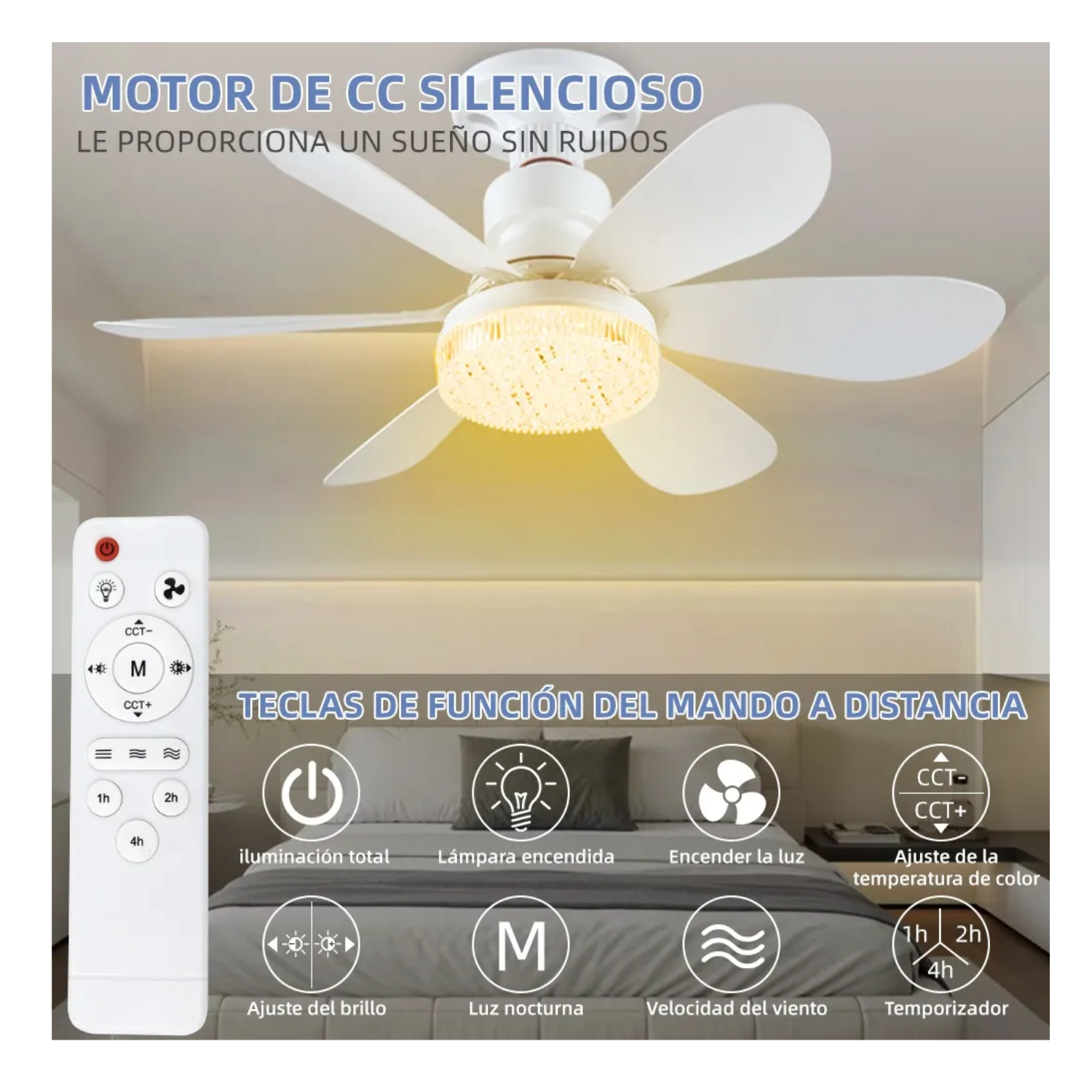 Lampara Ventilador Techo 6 aspas Control Remoto 3 velocidades