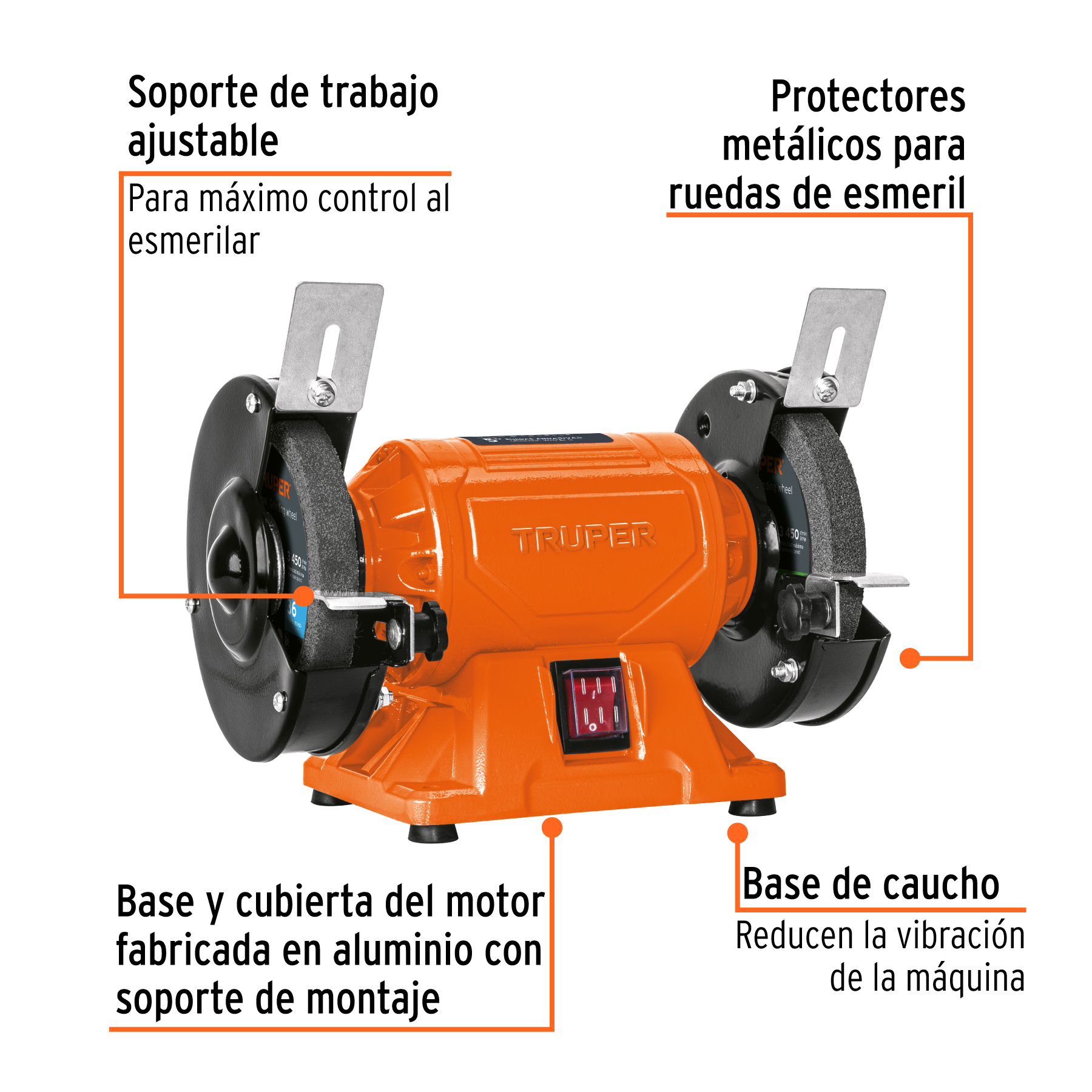 Esmeril de Banco Truper de 1/4 Hp 185W EBA-5 para afilar Pulir Limpiar Rebajar 2 ruedas Abrasivas motor con Bobinas de Cobre