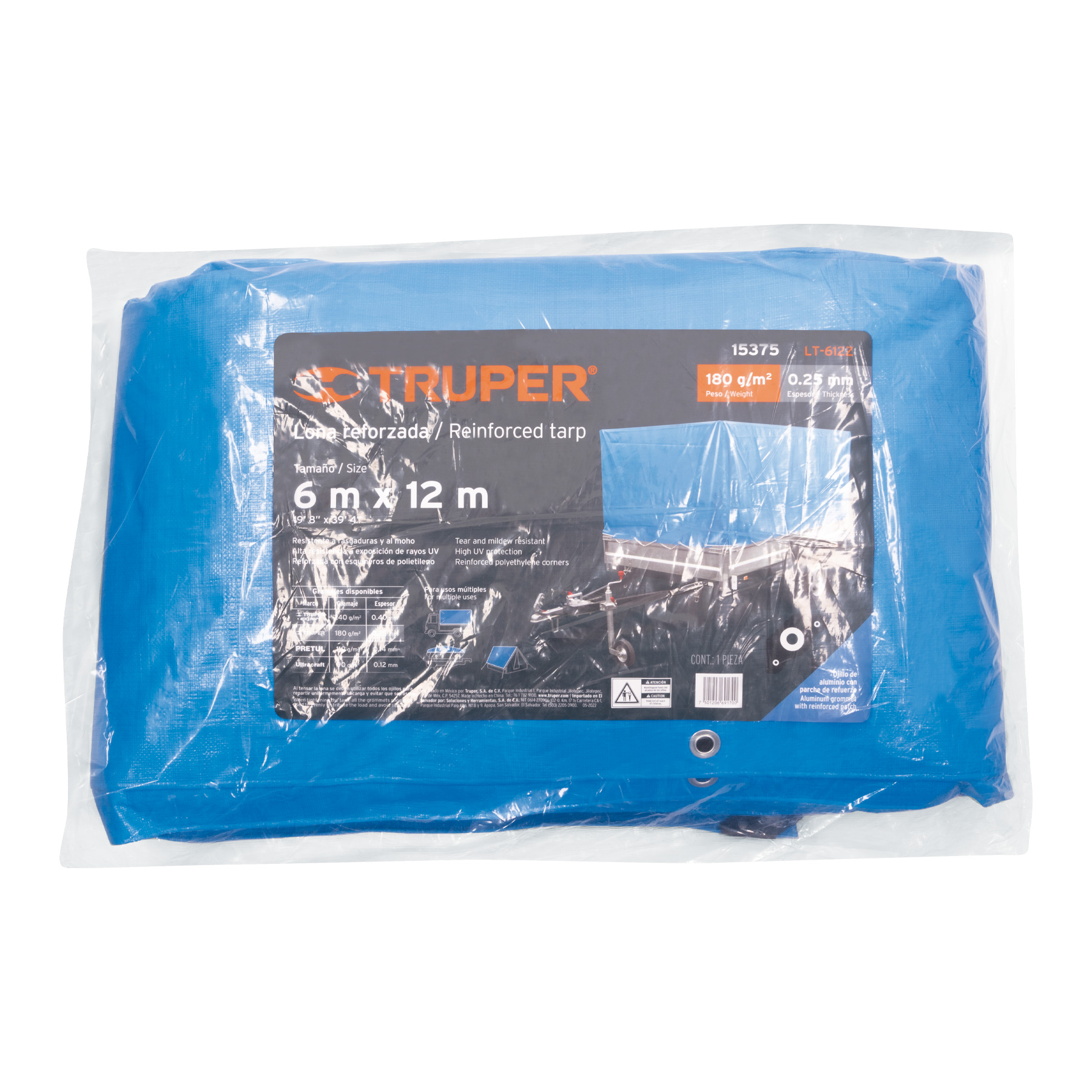 Lona Azul Reforzada de 6x12 metros Truper Lona-Carpa Impermeable Multiusos Lluvia Calor Protección Fiesta Reunión