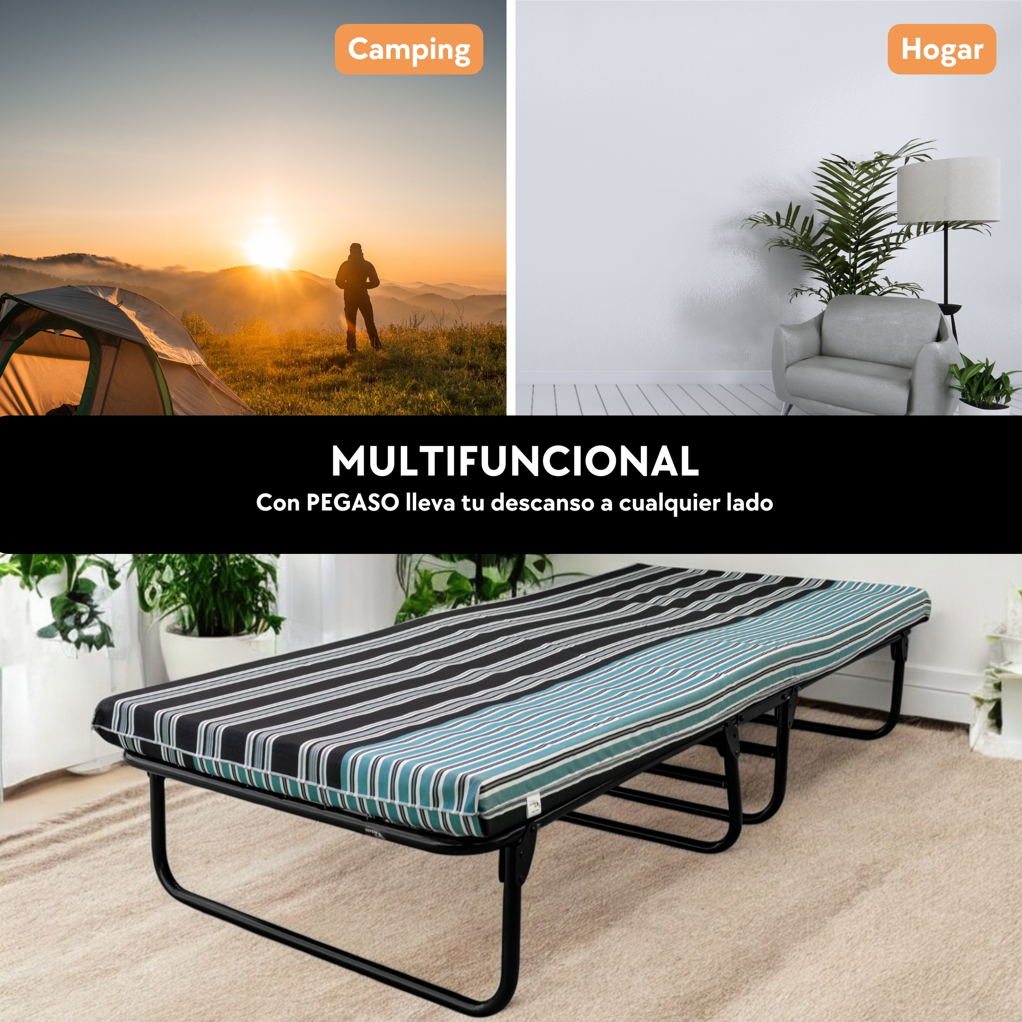 Catre Camastro Plegable de Malla Metálica con Colchón De 8 cm. Pegaso 